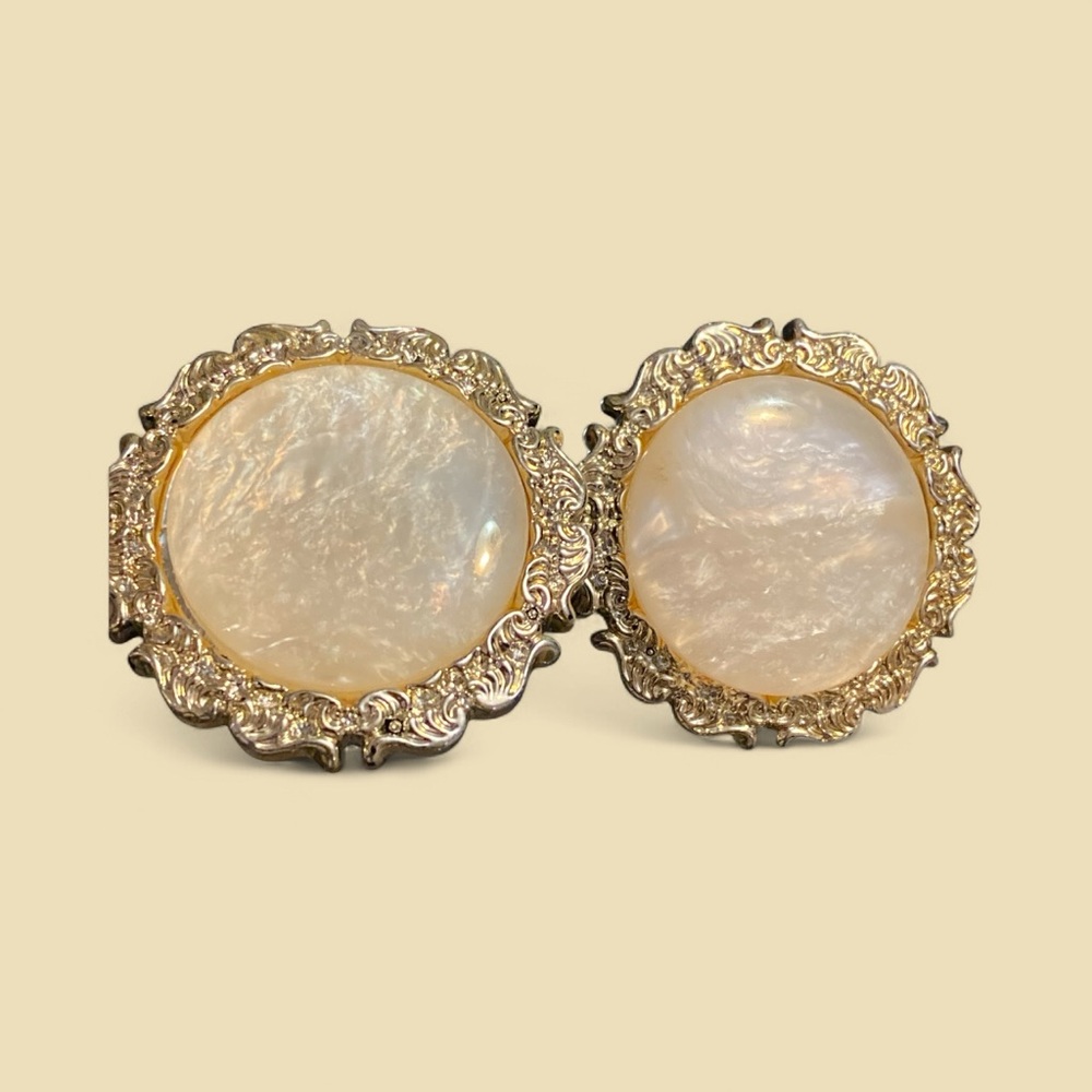 Vintage Mother-of-Pearl Style Clip-On Earrings Gold Ornate Frame - Picture 1 of 3
